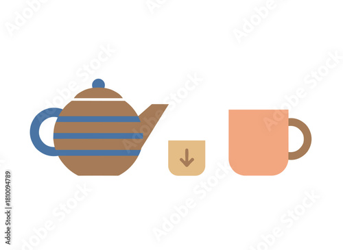 A flat vector illustration on a white background depicts a porcelain teapot with a long spout and a lid, alongside ceramic mugs and teacups