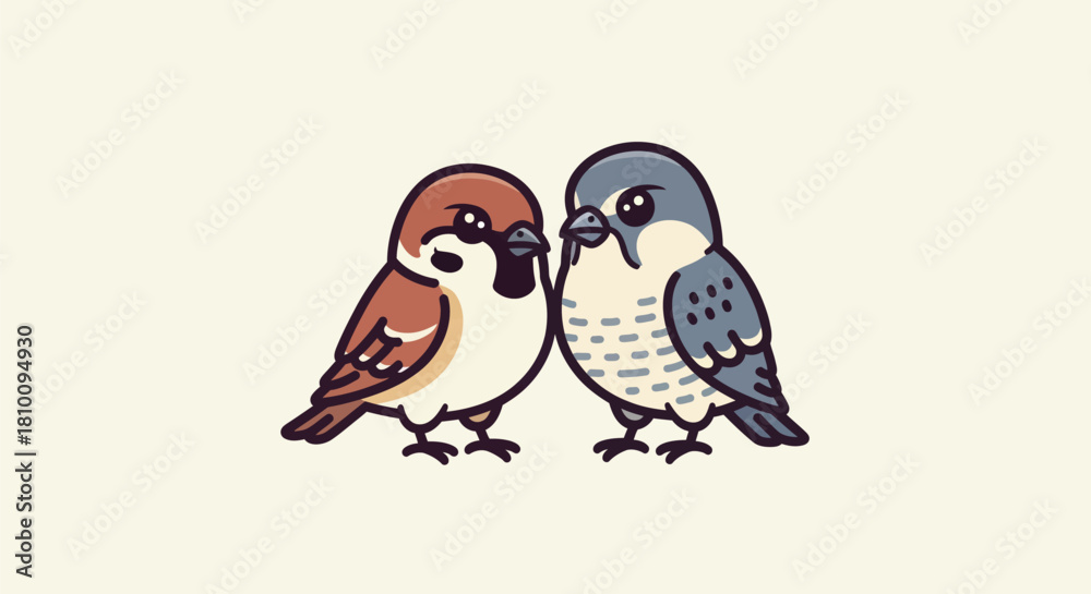 Obraz premium Two cartoon birds, one brown, one blue, are facing each other. Simple style on cream background