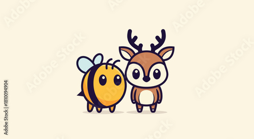 A cute bee and deer duo stand together on a cream background, in a cartoon style