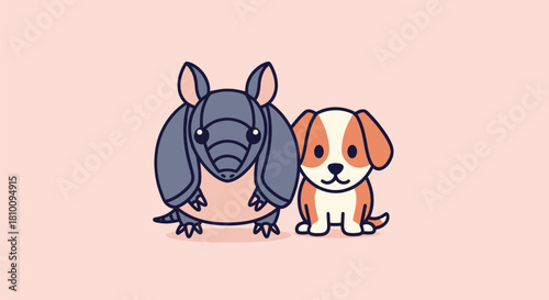 Cartoon armadillo and dog side-by-side on a light-pink background, friendly and cute