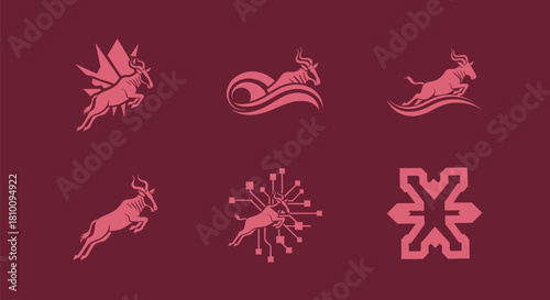 A maroon background displays six pink antelope logos in various stylized forms, and geometric shapes