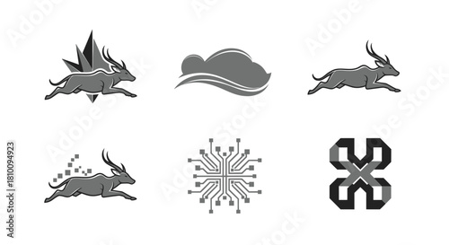 Several gray graphic design elements, including running antelope, cloud, circuit, and geometric forms