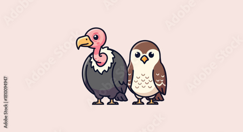 Two cartoon birds, a vulture and a small bird, stand together against a pink backdrop