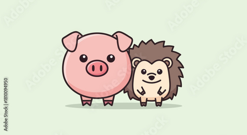 A chubby pink pig and a cute hedgehog stand side-by-side on a light green background