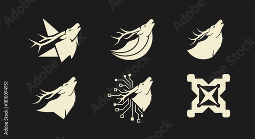 Six cream-colored stylized animal head logos with antlers on a black background