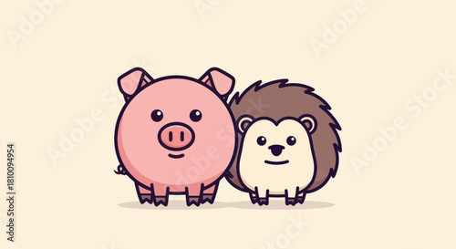 A cute pig and hedgehog stand together, smiling, against a cream-colored background