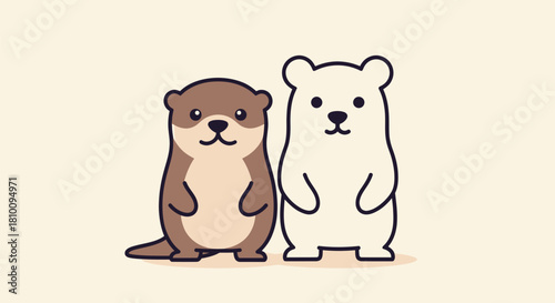 Cartoon illustration featuring an otter and a polar bear standing side by side