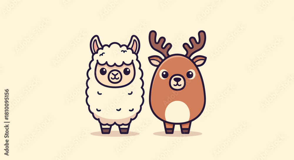 Naklejka premium A cartoon llama and deer stand side-by-side, each with large eyes and a friendly demeanor