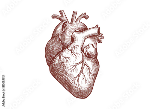A hand‑drawn vector illustration of a real human heart, rendered as a vintage antique internal anatomy engraving in ink, featuring detailed medical etching in a retro style against a white background