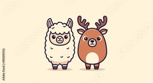 A cartoon llama and deer stand side-by-side, each with large eyes and a friendly demeanor