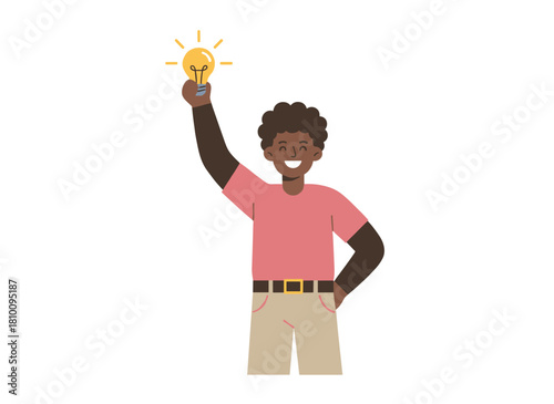 A cheerful, intelligent person discovering a solution, sparking a brilliant idea, symbolized by a lightbulb