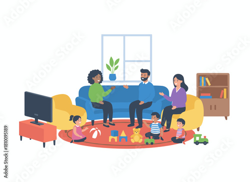 Several young mothers sit together in a cozy room, sipping tea and chatting as their children play, depicted in a bright flat cartoon vector illustration of a friendly home gathering