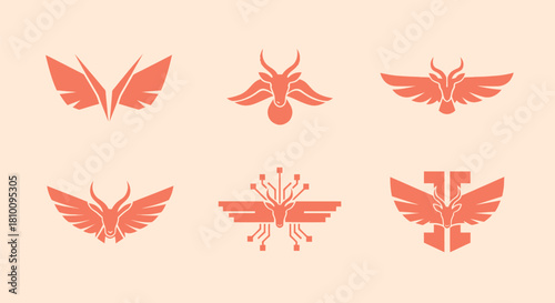 Six stylized emblems in coral, set against a pale peach background, each featuring a horned animal and/or wings