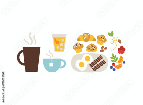 A top-down view of breakfast items and beverages on a white backdrop, featuring a set of brunch or lunch dishes illustrated in flat colored vector style, including bacon and eggs, pancakes