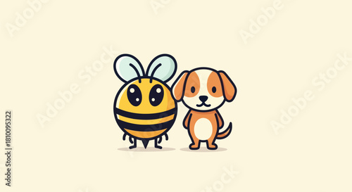 A cartoon bee and puppy stand side-by-side on a light cream background