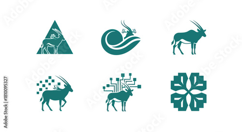 Six teal antelope illustrations in different designs triangle, wave, plain, pixel, circuit board, and geometric