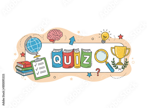 A horizontal banner depicting people’s hands solving puzzles, brain teasers, and quiz questions, illustrating a team intellectual game that tests intelligence, rendered in vector line art
