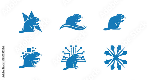 Six stylized illustrations of a rodent in blue, with varied backgrounds