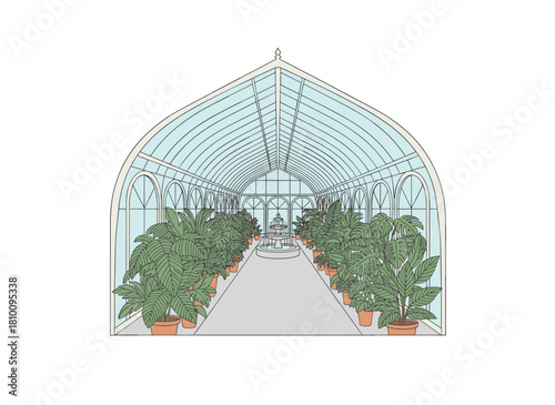 A hand‑drawn, monochrome illustration of a greenhouse interior brimming with tropical plants, featuring exotic trees and expansive panoramic windows, rendered in black and white