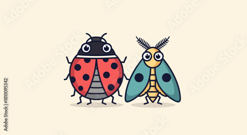 Stylized illustration of a ladybug and moth with cartoon eyes on a light background
