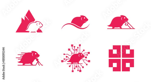 Six stylized illustrations of a rodent-like creature in magenta, with various backgrounds