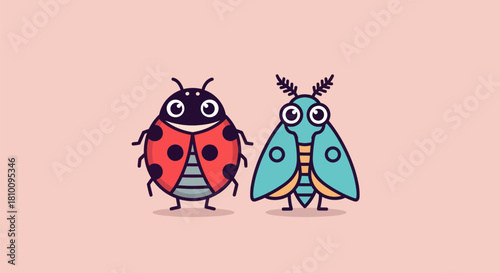 Cartoon ladybug and moth with large eyes on pink background, friendly and charming