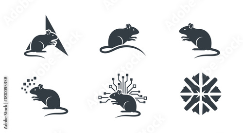 Six black silhouettes of rodents, each with unique design elements, on a white background