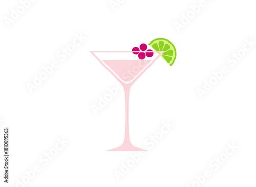 A cocktail glass garnished with a lime wedge and fruit syrup, presented as a festive party stemware in a flat vector illustration on a white background