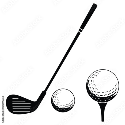 Golf club and ball icon set, silhouette style vector illustrations, golf sports balls isolated on white background, athletic and recreation concept, digital graphics for apps, websites, print, and 