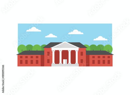 Exterior of a university building, featuring classic European high school and college house architecture, set outside a public academic institution with a street panorama that includes a museum and