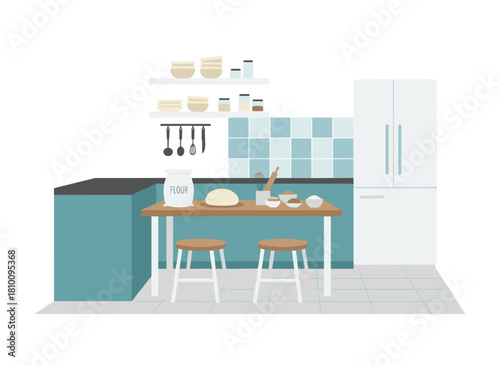 A bare kitchen interior featuring dough and flour for making croissants or cookies on a table, illustrated in flat vector style; a cozy cooking space with dishes, furnishings, and baking ingredients