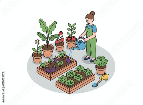 A woman in a hat holds a watering can while plants thrive in garden beds, set against a white background; depicting homegrown vegetables, eco‑friendly gardening and farming in a flat, colorful vector