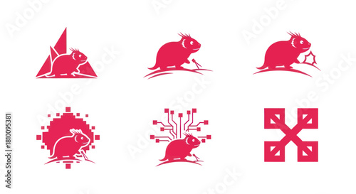 Six pink rodent-like animal designs, set against a white backdrop. Each features a distinct emblem