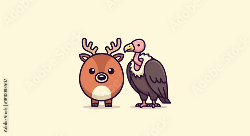 A friendly deer and a vulture stand side-by-side, sharing a minimalist illustrated aesthetic