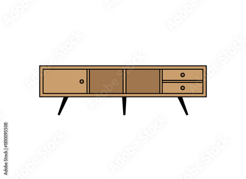 A wooden console table and TV stand featuring a modern retro Scandinavian design, accompanied by a wide horizontal sideboard with mid‑century style drawers, depicted as a flat vector illustration on
