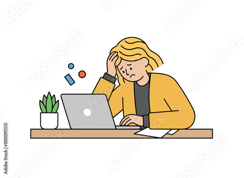 A creative worker overwhelmed by a work crisis, lack of ideas, and burnout sits amid crumpled papers at the office desk, frustrated at the laptop, depicted in a flat graphic vector illustration on a