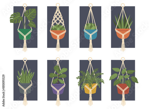A set of rope‑made macramé hangers for potted plants, elegantly handcrafted home décor displayed against a black backdrop, illustrated as a flat, colorful cartoon vector
