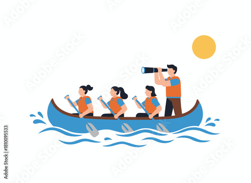 A leader and their team of employees row a boat toward a corporate goal, illustrating concepts of strategy, leadership, teamwork, and collaboration in business, rendered as a flat vector illustration