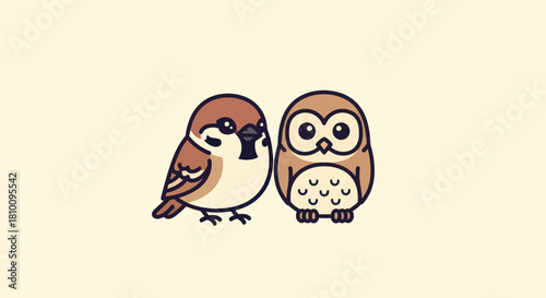 A cartoon illustration depicts a sparrow and an owl side-by-side on a cream background