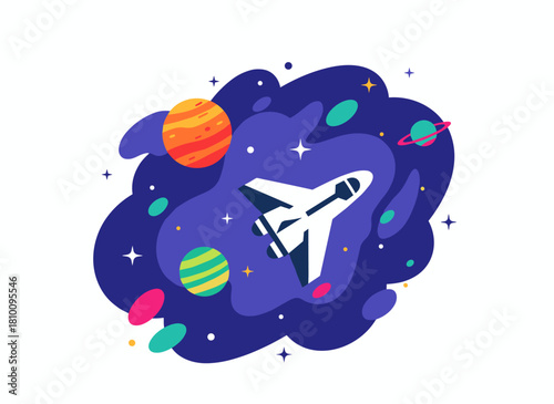 A futuristic galactic vessel soars through open space, surrounded by planets and stars, embodying a cosmic exploration concept and serving as a tourist spacecraft in a starry universe, depicted in a
