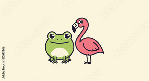 A cartoon frog and flamingo stand together against a cream background