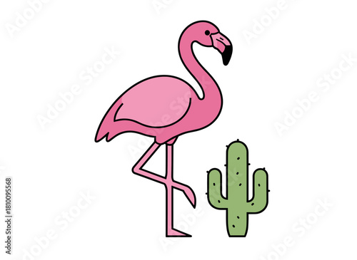 Adorable pink flamingo in Scandinavian style, an exotic tropical feathered creature, a humorous African bird with a beak standing on one leg, all rendered as a flat vector illustration on a white
