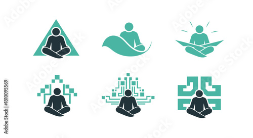 Collection of stylized meditating figures, each with different geometric and organic design elements