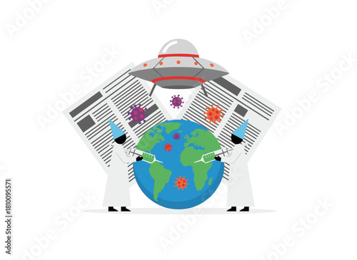 Concept of conspiracy theories, fake news, and disinformation, depicting the flow of information from online mass media, including myths, facts, and false narratives on the internet, illustrated as a