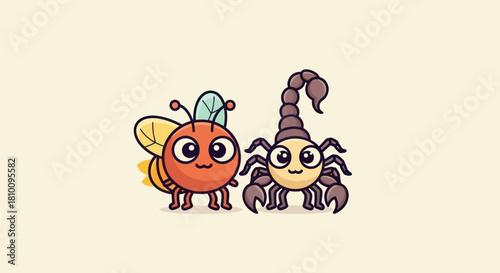 Cartoon style illustration of a smiling bee and scorpion on a cream-colored background