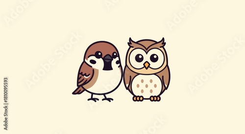 Two stylized, cartoon birds, a sparrow and an owl, sit side-by-side on cream background