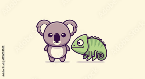 A cute koala and a green chameleon stand together on a light beige background