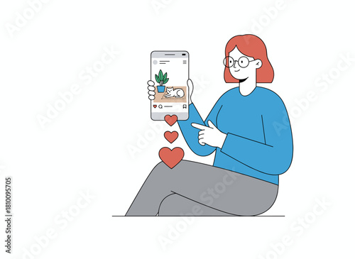 A female animal enthusiast posts a flat vector illustration of a cat on a social network, while a woman blogger shares a post to her isolated followers, and a girl browses social media on her