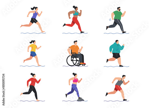 A collection of active, healthy individuals jogging and running, featuring diverse ages and sports activities, depicted in a flat vector illustration on a white background