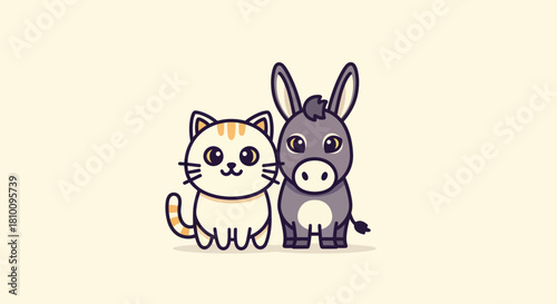 Cartoon illustration of a cat and donkey side-by-side, on a cream background